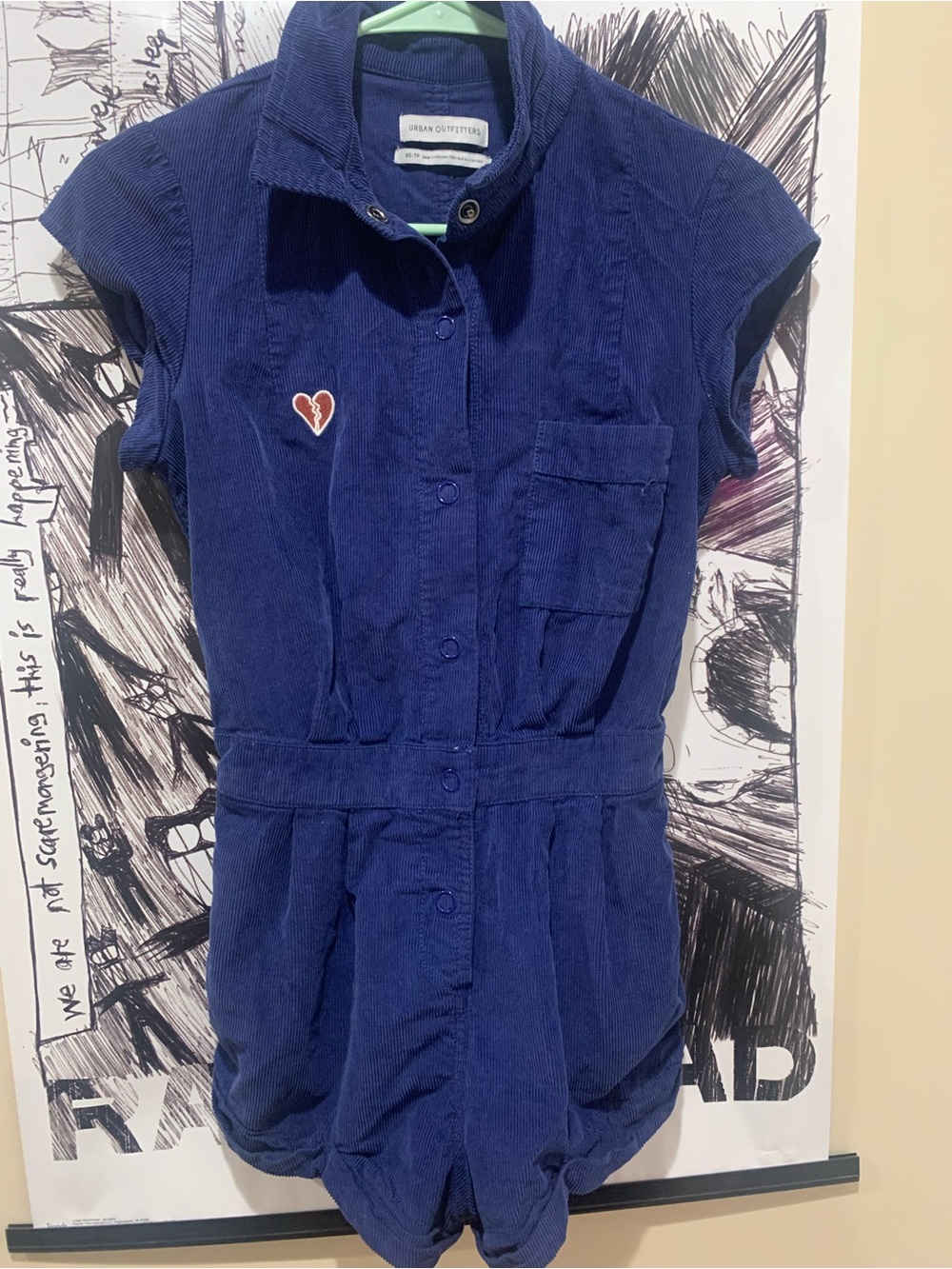 Urban Outfitters Blue Corduroy Romper XS Heart Patch, Pockets KnockOut Stitching